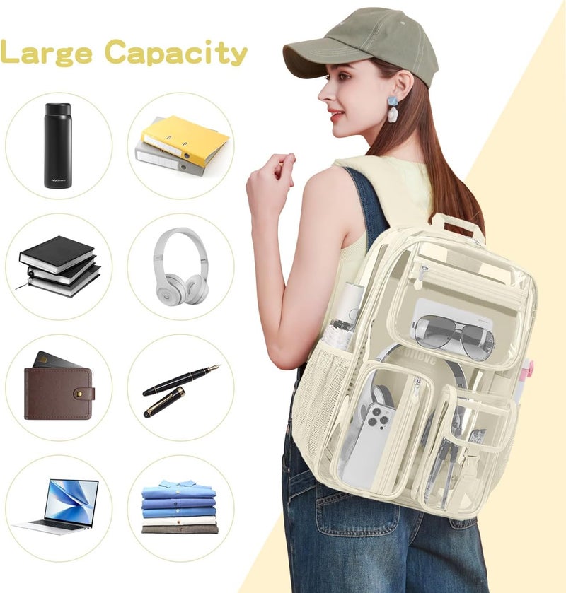 Cusangel Clear Backpack Heavy Duty Clear BookBag,16inch TPU Large Capacity See Through Backpack for Sport Events,Travel (beige) - Image 2